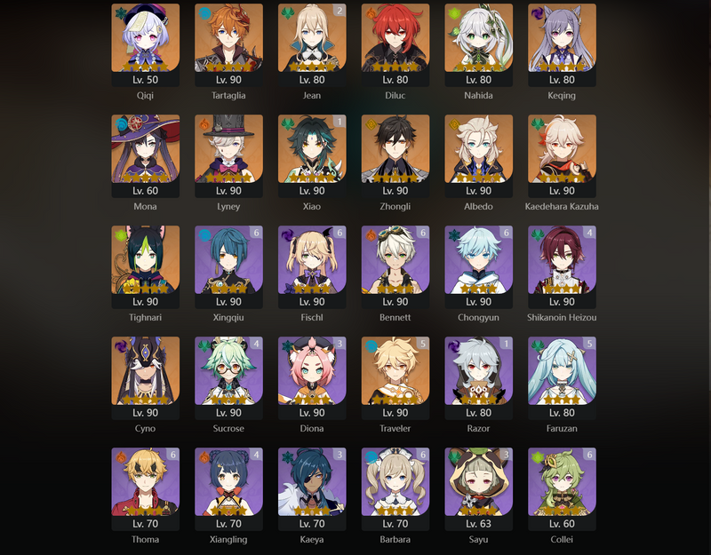 [Asia] AR59 - Dehya, Qiqi, Taraglia, Diluc, Nahida, Keqing, Mona, Lyney, Zhongli, Albedo, Kazuha, Tighnari, Cyno, Wriothesley, Furina, Xiao(C1), Jean(C2)[Dead:f]