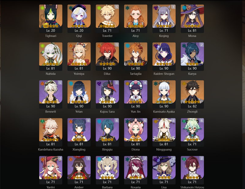 [Asia] AR58 - Tighnari, Qiqi, Mona, Nahida, Yoimiya, Tartaglia, Raiden Shogun, Yelan, Ayaka, Zhongli, KAzuha, Keqing(C1), Diluc(C3)[Dead:G]