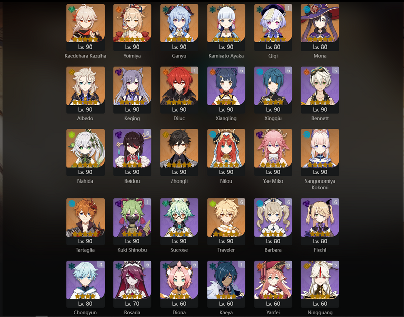 [Eu] AR59 - Kazuha, Yoimiya, Ganyu, Ayaka, Mona, Albedo, Keqing, Nahida, Zhongli, Nilou, Yae Miko, Kokomi, Tartaglia, Qiqi(C1), Diluc(C1), Jean(C2)[Dead:PSn,G]