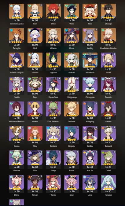 [Asia] AR60 - Zhongli, Venti, Raiden, Nahida, Ayaka, Wanderer, Kazuha, Shenhe, Albedo, Klee, Jean(C1), Tighnhari, Keqing(C2),  Mona(C1)