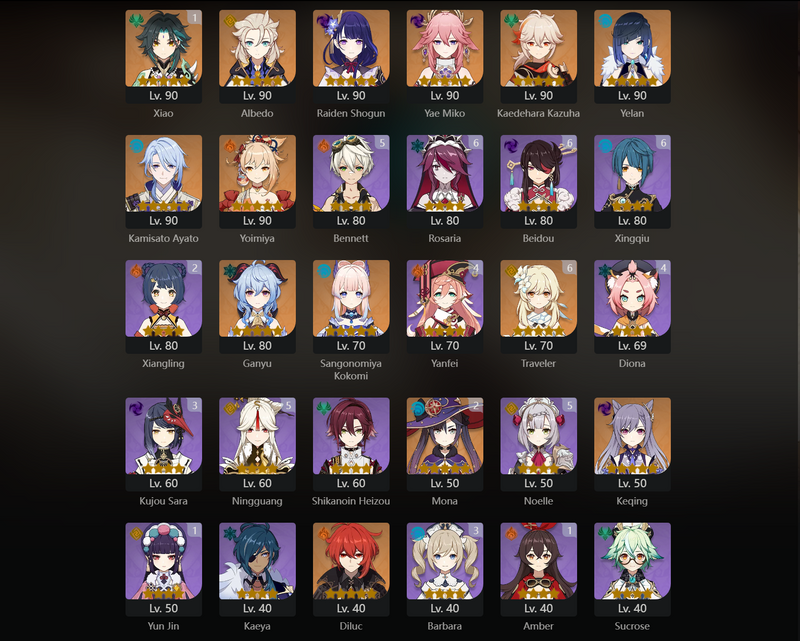 [Asia] AR56 - Albedo, Raiden Shogun, Yae Miko, Kazuha, Yelan, Ayato, Yoimiya, Ganyu, Kokomi, Keqing, Diluc, Jean, Xiao(C1), Mona(C2)