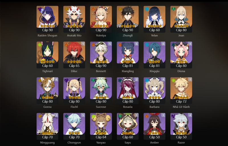 [Asia] AR56 - Raiden Shogun, Itto, Yoimiya, Zhongli, Yelan, Jean, Tighnari, Diluc(C1)