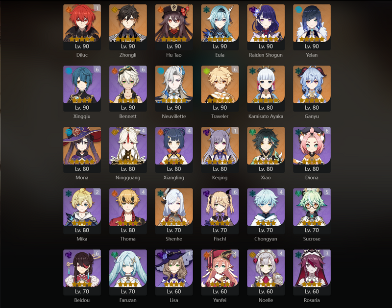 [America] AR59 - Zhongli, Hu Tao, Eula, Raiden Shogun, Yelan, Neuvillette, Ayaka, Ganyu, Mona, Shenhe, Xiao, Dehya, Diluc(C1), Keqing(C1), Qiqi(C1)