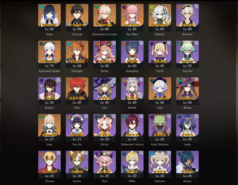 [Asia] AR57 - Yelan, Zhongli, Kazuha, Yae Miko, Nahida, Ayaka, Tartaglia, Diluc, Qiqi, Jean, MMona(C1)[Dead:G,F]