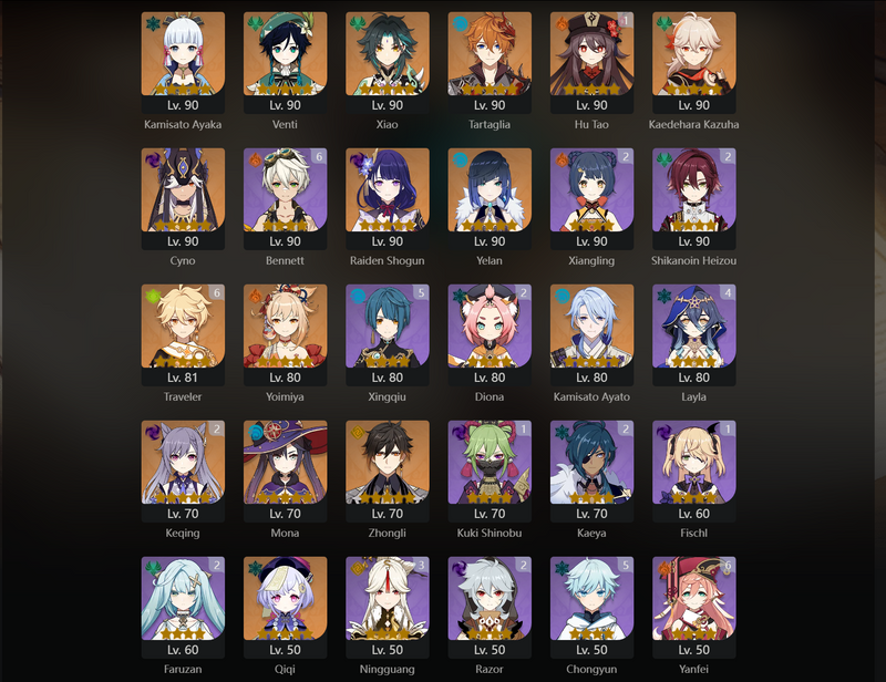 [America] AR58 - Ayaka, Venti, Xiao, Tartaglia, Kazuha, Cyno, Raiden Shogun, Yelan, Yoimiya, Ayato, Mona, Zhongli, Qiqi, Diluc, Aloy, Dehya, Hu Tao(C1), Jean(C1), Keqing(C2)[Dead:PSN]