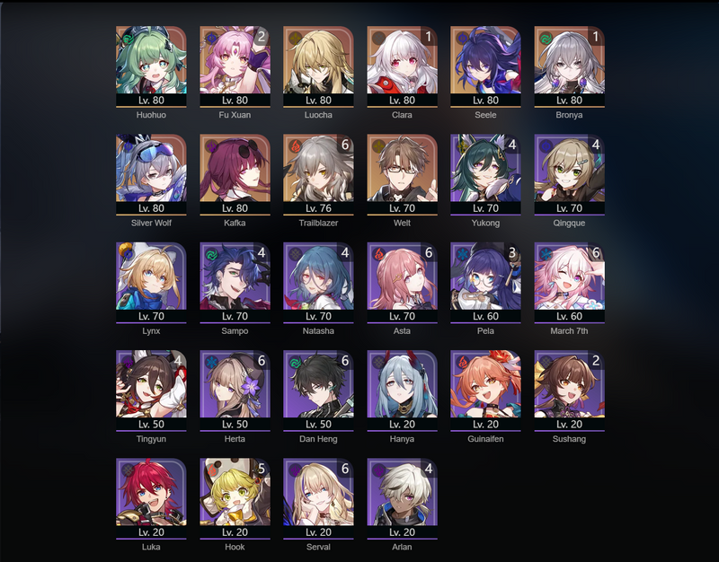 [Asia] TL70 - Huohuo, Luocha, Seele, Silver Wolf, Kafka, Welt, Clara(E1), Bronya(E1), Fu Xuan(E2)