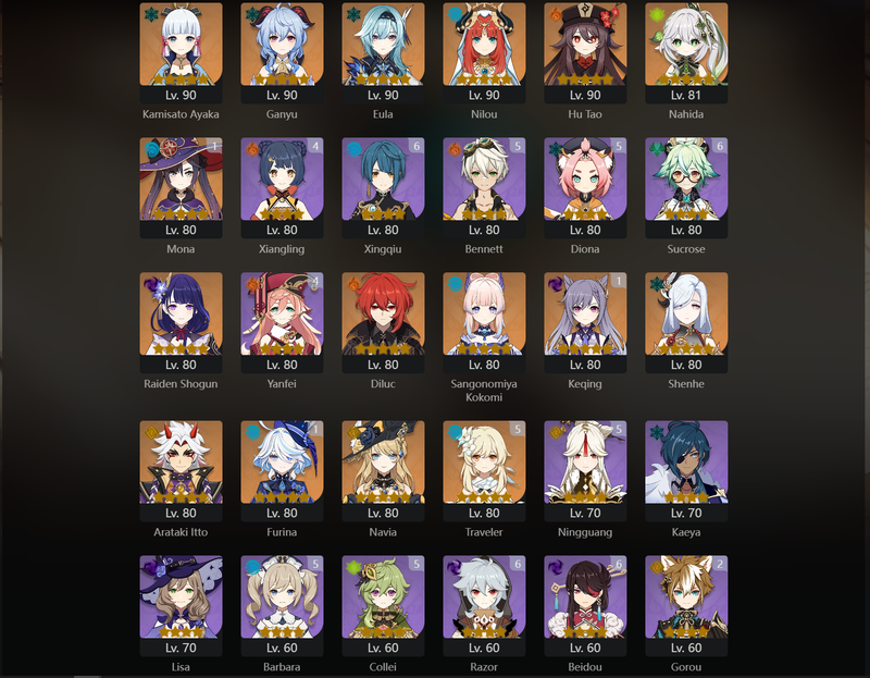 [Eu] AR59 - Ayaka, Ganyu, Eula, Nilou, Hu Tao, Nahida, Raiden Shogun, Diluc, Kokomi, Shenhe, Itto, Navia, Mona(C1), Keqing(C1), Furina(C1), Qiqi(C1)