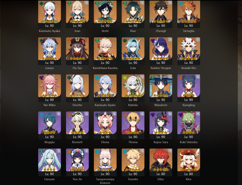 [Eu] AR60 - Ayaka, Venti, Tartaglia, Ganyu, Hu Tao, Kazuha, Eula, Yae Miko, Shenhe, Ayato, Kokomi, Klee, Cyno, Neuvillette, Alhaitham, Dehya, Xiao(C1), zhongli(C1), Itto(C1), Nahida(C1), Wanderer(C1), Diluc(C1), Tighnari(C1), Raiden Shogun(C2), Jean(C3),