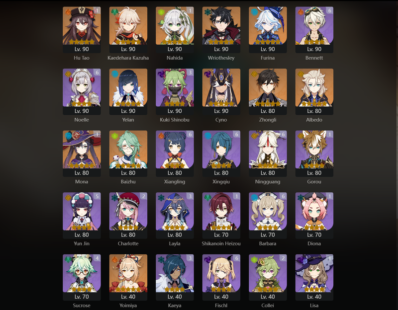 [America] AR59 - Kazuha, Wriothesley, Furina, Yelan, Cyno, Zhongli, Albedo, Baizhu, Yoimiya, Diluc, Hu Tao(C1), Nahida(C1), Mona(C1), Jean(C1), Qiqi(C1), Tighnari(C1)