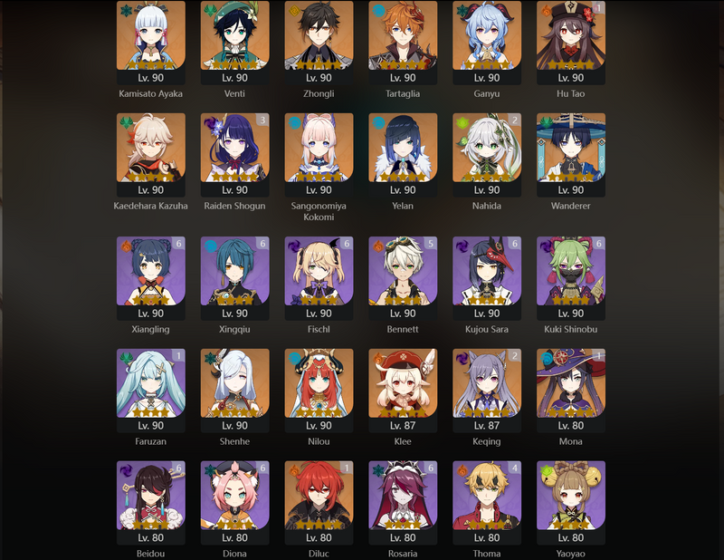 [America] AR60 - Ayaka, Venti, Zhongli, Tartaglia, Ganyu, Kazuha, Kokomi, Yelan, Wanderer, Shenhe, Nilou, Klee, Tighnari, Hu Tao(C1), Mona(C1), Diluc(C1), Nahida(C2), Keqing(C2), Qiqi(C3), Raiden Shogun(C3), Jean(C4)