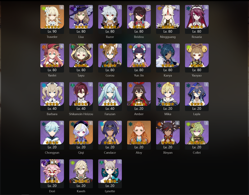 [Eu] AR60 - Ayaka, Diluc, Zhongli, Tartaglia, Ganyu, Hu Tao, Yoimiya, Yelan, Shenhe, Nilou, Nahida, Alhaitham, Kokomi, Qiqi(C1), Tighnari(C1), Keqing(C1), Mona(C2), Raiden Shogun(C2), Jean(C4)[Intertwined Fate: 52]