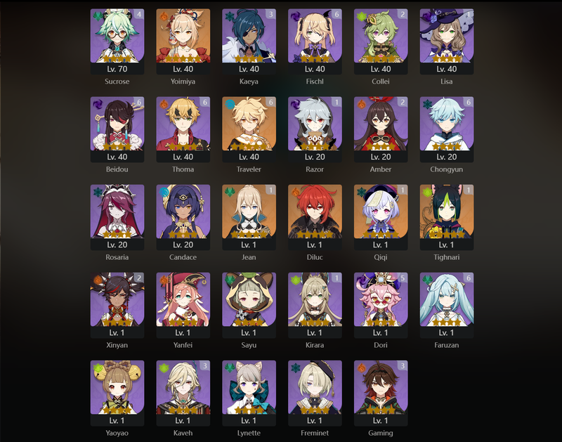 [America] AR59 - Kazuha, Wriothesley, Furina, Yelan, Cyno, Zhongli, Albedo, Baizhu, Yoimiya, Diluc, Hu Tao(C1), Nahida(C1), Mona(C1), Jean(C1), Qiqi(C1), Tighnari(C1)