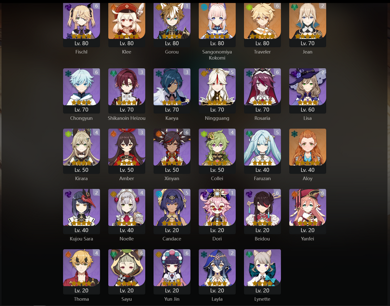 [America] AR60 - Ayaka, Xiao, Ganyu, Albedo, Kazuha, Eula, Raiden Shogun, Nahida, Itto, Nilou, Tartaglia, Klee, Kokomi, Zhongli(C1), Diluc(C1), Keqing(C2), Qiqi(C2), Jean(C2)