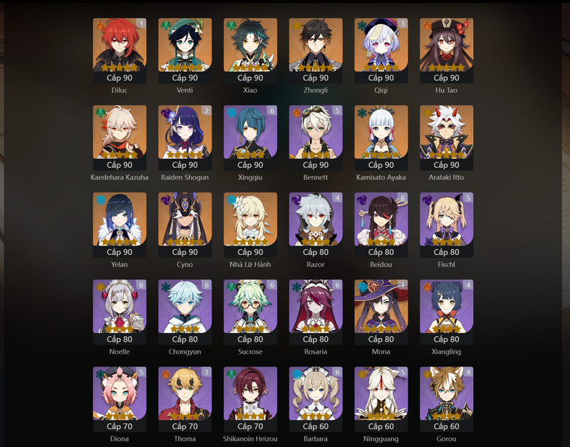 [Eu] AR60 - Venti, Xiao, Zhongli, Hu Tao, Kazuha, Ayaka, Itto, Yelan, Cyno, Jean, Diluc(C1), Mona(C1), Raiden Shogun(C2), Qiqi(C3)[56 Intertwined Fate]