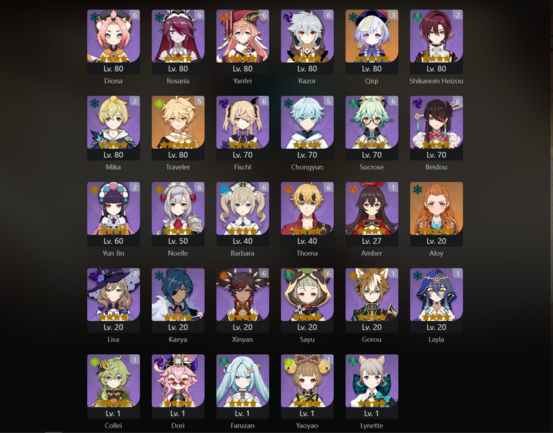 [Eu] AR60 - Diluc, Xiao, Zhongli, Ganyu, Hu Tao, Kazuha, Kokomi, Ayato, Nahida, Yae Miko, Yelan, Shenhe, Ayaka, Venti, Keqing(C1), MMona(C1), Raiden Shogun(C2), Jean(C2), Qiqi(C3)