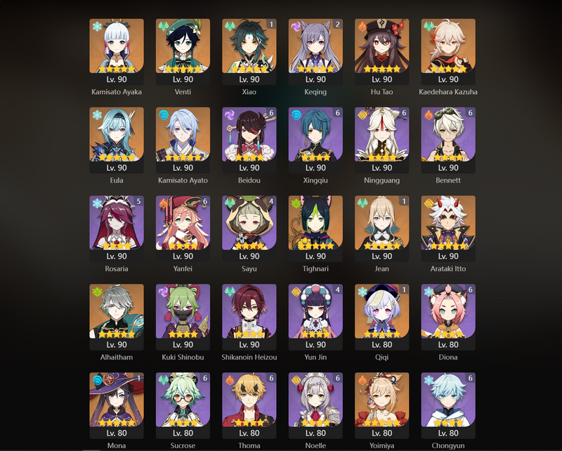 [Eu] AR60 - Ayaka, Venti, Hu Tao, Kazuha, Eula, Ayato, Tighnari, Itto, Alhaitham, Yoimiya, Ganyu, Wriothesley, Xiao(C1), Jean(C1), Qiqi(C1), Mona(C1), Keqing(C2), Diluc(C3)