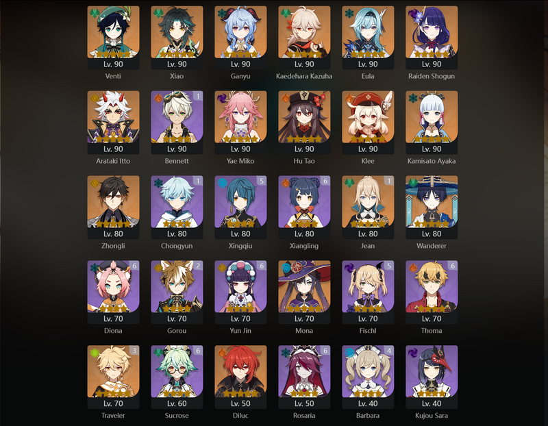 [Asia] AR59 - Venti, Xiao, Ganyu, Kazuha, Eula, Raiden Shogun, Itto, Yae Miko, Hu Tao, Klee, Ayaka, Zhongli, Wanderer, Mona, Diluc, Keqing, Jean(C1), Qiqi(C2)