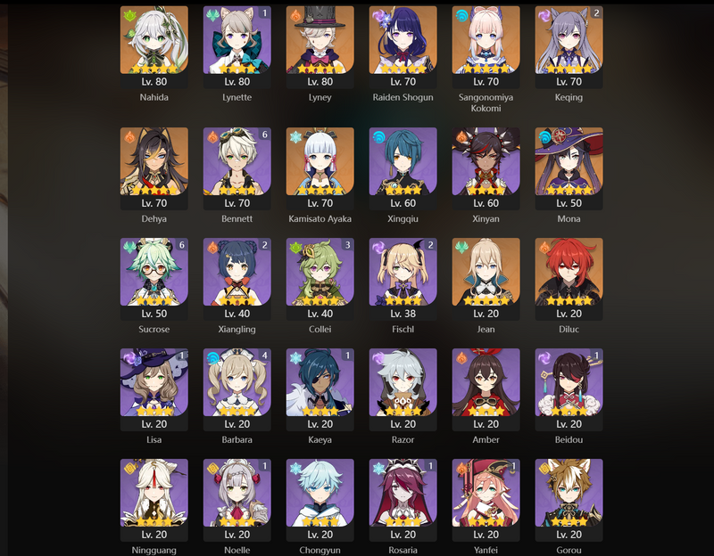 [Eu] AR51 - Nahida, Lyney, Raiden Shogun, Dehya, Ayaka, Mona, Diluc, Jean, KEqing(C2)