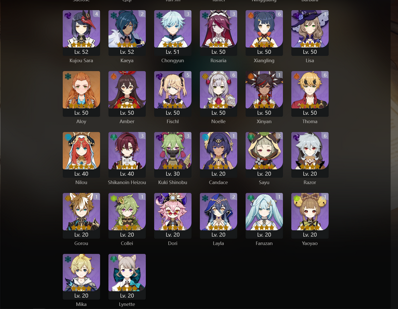 [America] AR57 - Wriothesley, Ayaka, Xiao, Klee, Raiden Shogun, Yelan, Shenhe, Venti, Keqing, Hu Tao, Nilou, Kazuha(C1), Nahida(C1), Jean(C1), Qiqi(C2), Diluc(C3)