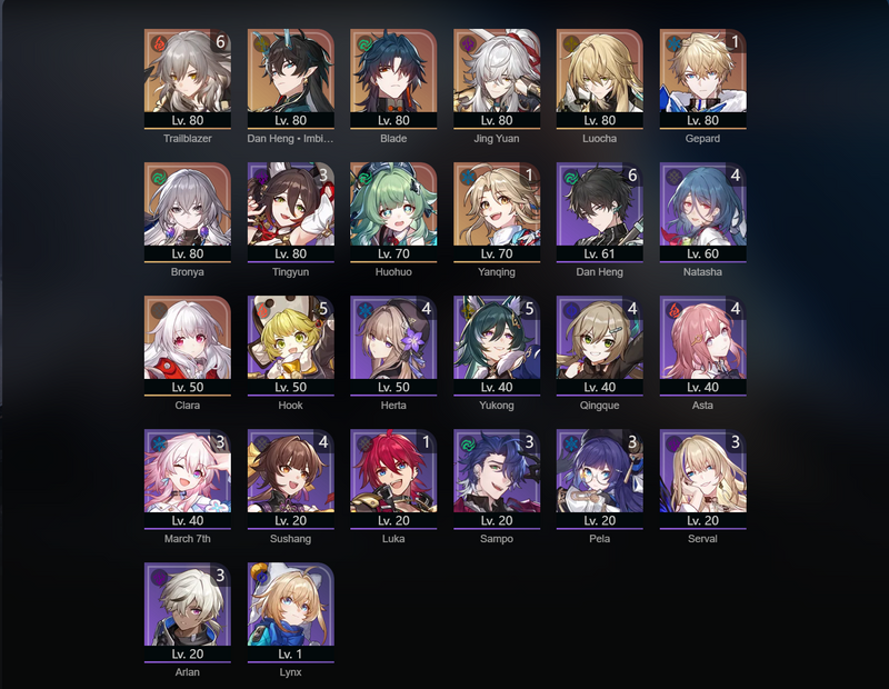 [Asia] TL69 - Danheng, Blade, Jing Yuan, Luocha, Bronya, Huohuo, Clara, Gepard(E1), Yanqing(E1)[97 Special Pass]