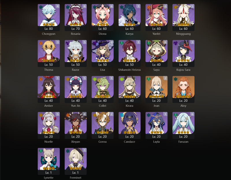 [Eu] AR59 - Kazuha, Yoimiya, Ganyu, Ayaka, Mona, Albedo, Keqing, Nahida, Zhongli, Nilou, Yae Miko, Kokomi, Tartaglia, Qiqi(C1), Diluc(C1), Jean(C2)[Dead:PSn,G]