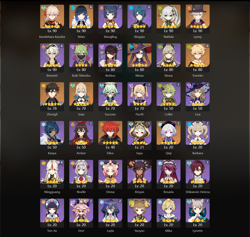 [Eu] AR56 - Kazuha, Nahida, Lyney, Mona, Zhongli, Jean, Diluc, Qiqi(C1), Yelan(C6)[117 Intertwined Fate]