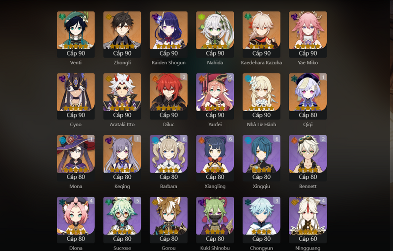 [America] AR60 - Venti, Zhongli, Raiden Shogun, Nahida, Kazuha, Yae miko, Cyno, Itto, Jean, Tighnari, Qiqi(C1), Mona(C1), Keqing(C1), Diluc(C2)